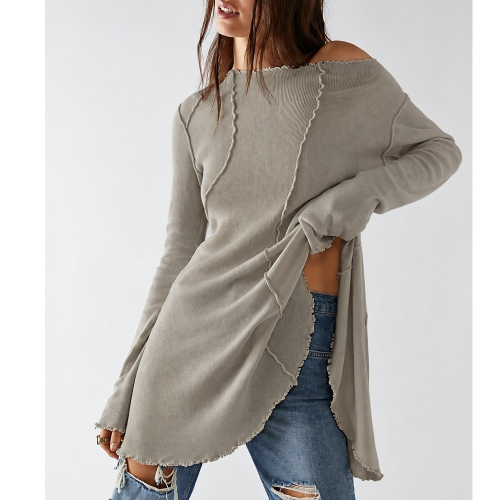 We The Free People Full Swing Gray Ribbed Exposed Seam Tunic Top XS Fall Boho